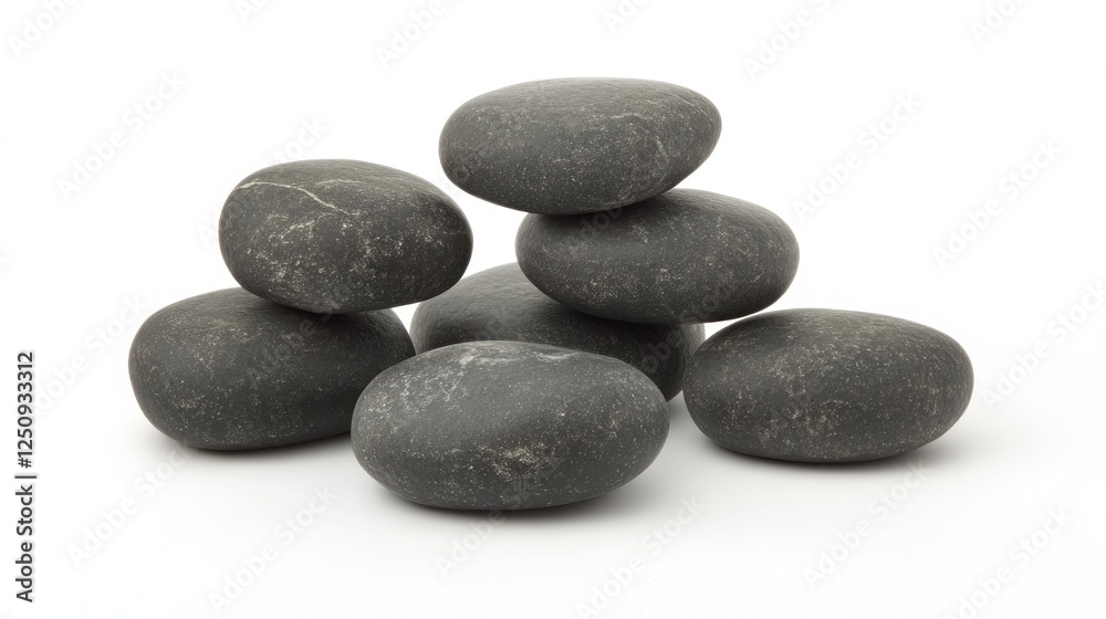 Stacked smooth grey stones on white background, zen spa concept Stacked smooth grey stones on white background, zen spa concept