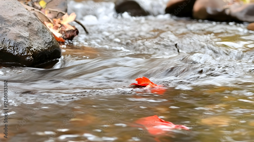 Red flower floating in a stream with rocks and leaves; a serene nature scene for meditation, relaxation, or environmental awareness Red flower floating in a stream with rocks and leaves; a serene nature scene for meditation, relaxation, or environmental awareness