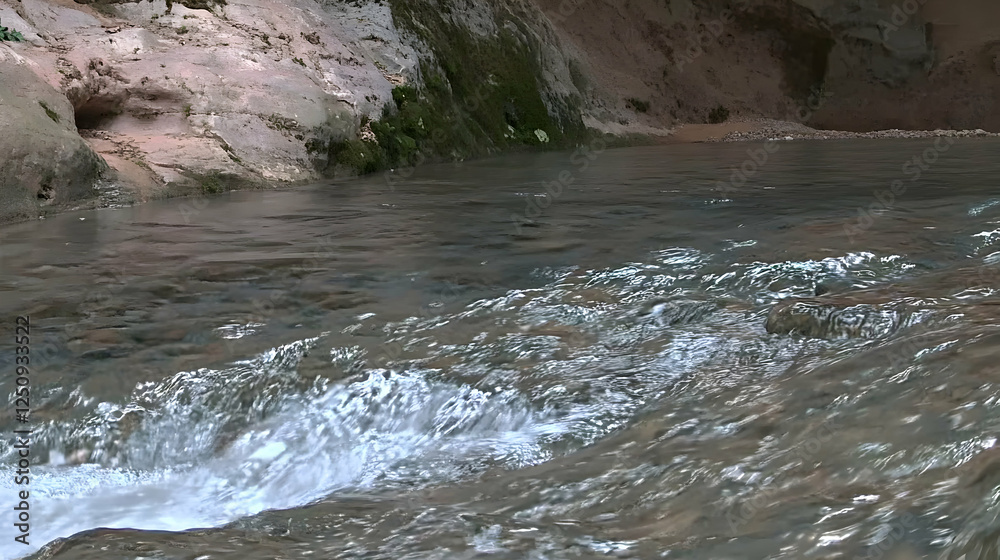 Obraz premium River flowing in a rocky canyon, showing water movement and sandstone walls, suitable for nature and environmental awareness
