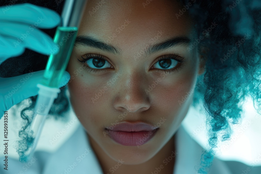 A young female scientist intently examines a teal liquid in a test tube during a laboratory experiment. A young female scientist intently examines a teal liquid in a test tube during a laboratory experiment.