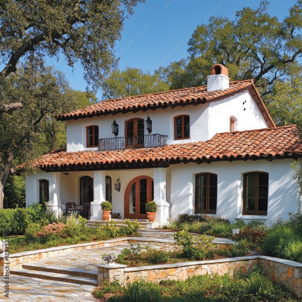 Spanish-style home, tree-lined driveway, sunny day, landscaping, real estate Spanish-style home, tree-lined driveway, sunny day, landscaping, real estate