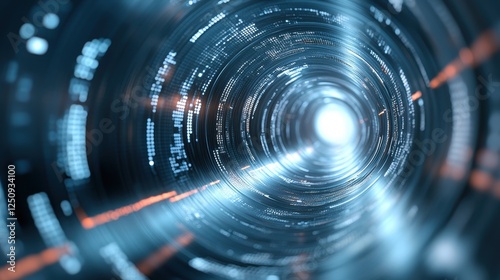 Close up of circular tunnel and futuristic quantum cryptography system technology concept