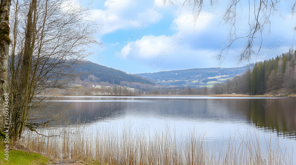 Fototapeta premium Serene lake reflects sky with hills and trees in a nature scene for travel blog posts, desktop wallpaper, or nature-themed design project