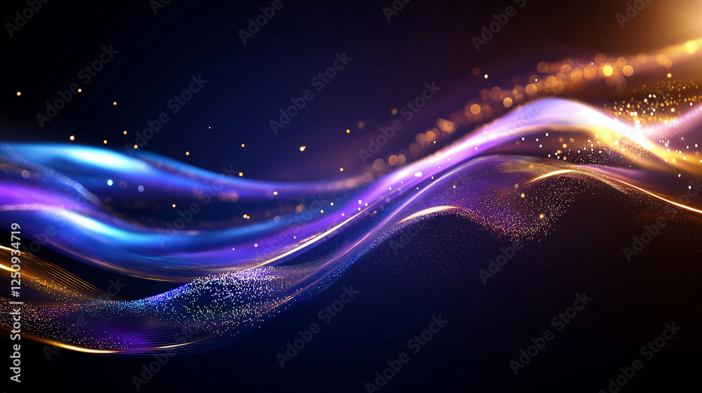 Fototapeta premium Flowing abstract blue and purple waves with gold accents, bathed in neon light, creating a dynamic and colorful background for creative design projects.
