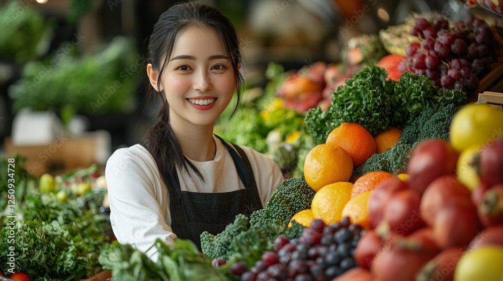 Smiling Young Woman at a Vibrant Market Surrounded by Fresh Fruits and Vegetables in a Natural Setting Smiling Young Woman at a Vibrant Market Surrounded by Fresh Fruits and Vegetables in a Natural Setting