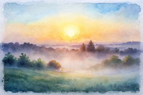 Serene sunrise landscape, soft watercolor style, misty hills, vibrant colors, peaceful nature scene, tranquil atmosphere.