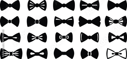 Bow tie icon set.Trendy elegant simple bow for celebrations Valentines Day, wedding or birthday decoration. Cute black doodle illustration. Fashion elements for birthday and Christmas.vector illustrat