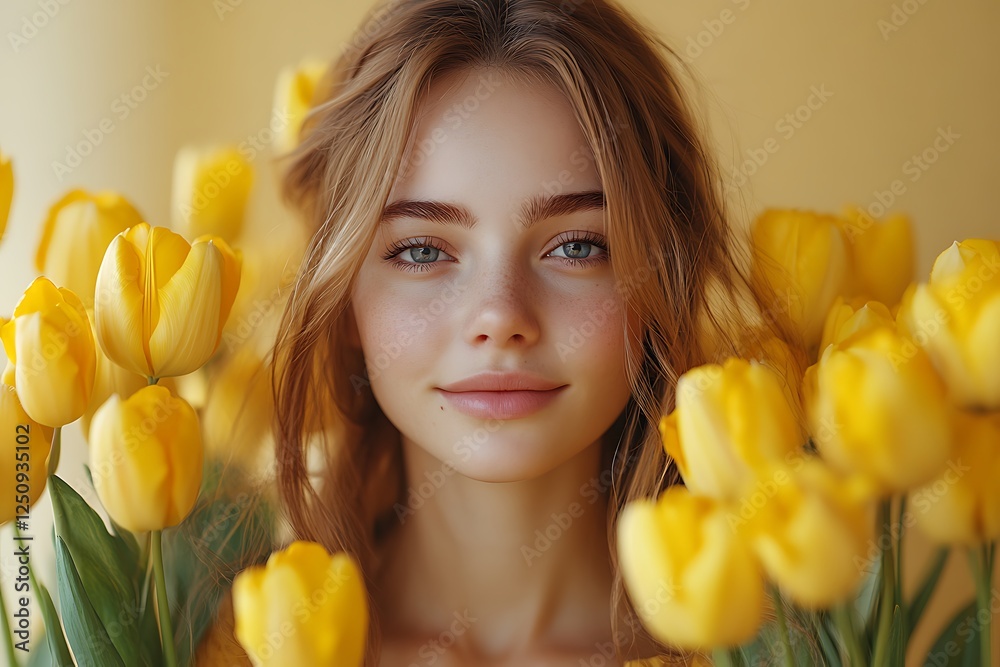 Person with Long Hair Standing Among Vibrant Yellow Tulips Against a Soft Yellow Background Person with Long Hair Standing Among Vibrant Yellow Tulips Against a Soft Yellow Background