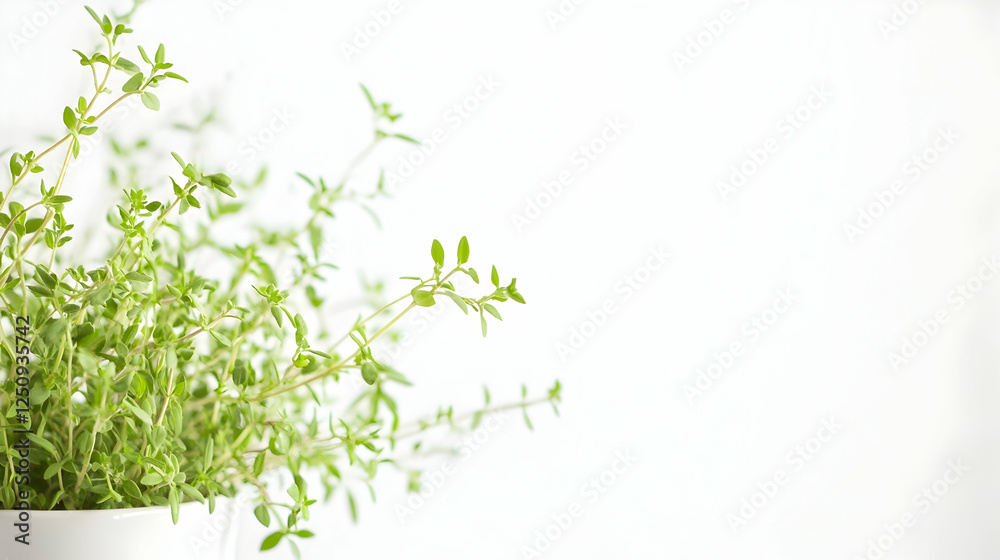 Thyme plant in pot on white background. Herb used for flavoring and garnishing. For cooking, herbal medicine and culinary purposes Thyme plant in pot on white background. Herb used for flavoring and garnishing. For cooking, herbal medicine and culinary purposes