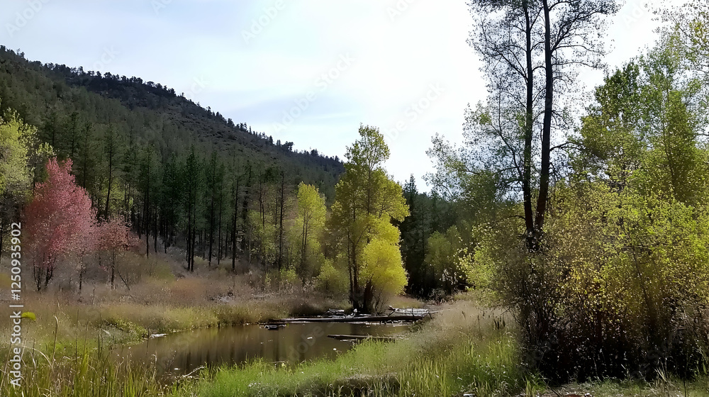 Tranquil waters edge Colorful trees reflecting in peaceful pond, surrounded by woods under bright sky. Perfect for nature or travel themes Tranquil waters edge Colorful trees reflecting in peaceful pond, surrounded by woods under bright sky. Perfect for nature or travel themes