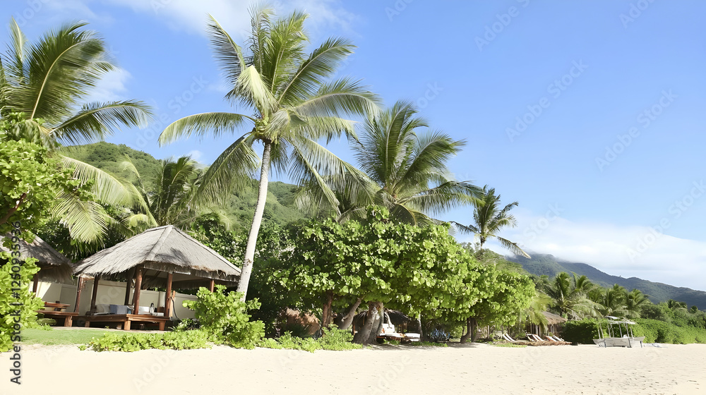 Tropical beach hideaway with palms for serene escape to secluded island in a travel magazine Tropical beach hideaway with palms for serene escape to secluded island in a travel magazine