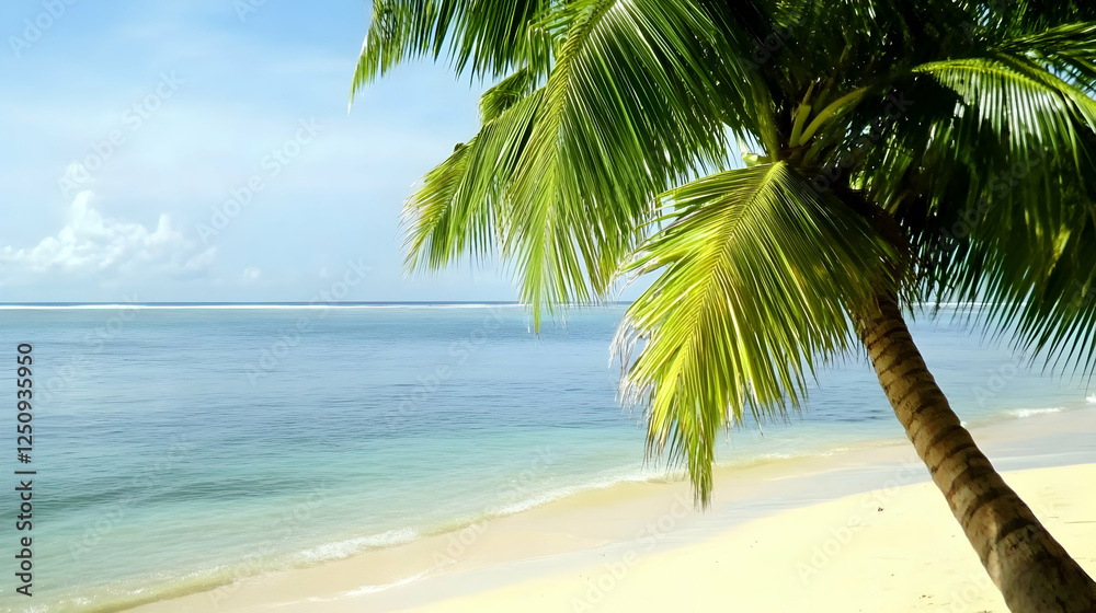 Tropical beach scene Palm tree on a sandy shore, ocean waves in the background, perfect for travel brochures or vacation ads
