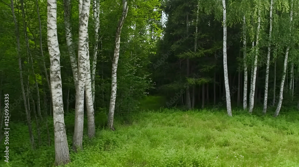 Fototapeta premium Walking path through a birch forest with lush greenery. Nature background image for websites and articles, showcasing natural beauty