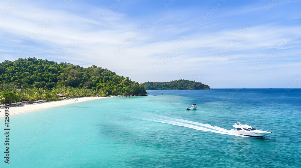 Yacht cruising tropical sea near island beach, for travel, vacation, or luxury background; green trees and bright sky in the background Yacht cruising tropical sea near island beach, for travel, vacation, or luxury background; green trees and bright sky in the background