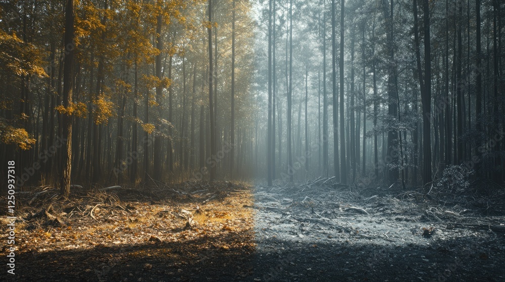 Fototapeta premium Autumn forest fire contrast, smoky path, environmental damage, nature duality, design use