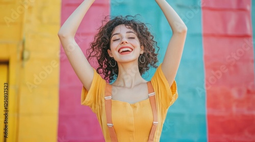 Happy woman with curly hair joyfully dances against a colorful wall.