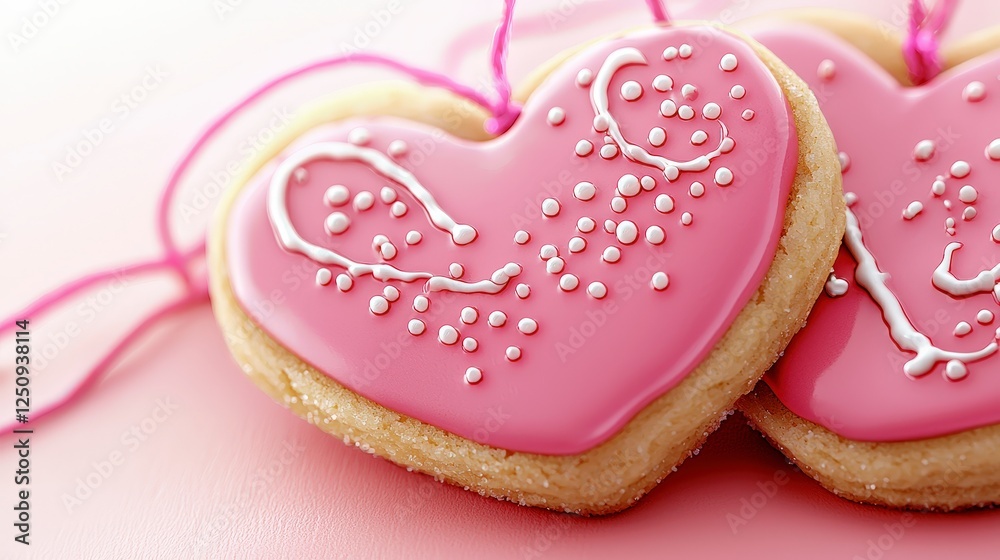 Decorated Pink Heart Cookies with Icing and Sprinkles on Pink Background Decorated Pink Heart Cookies with Icing and Sprinkles on Pink Background