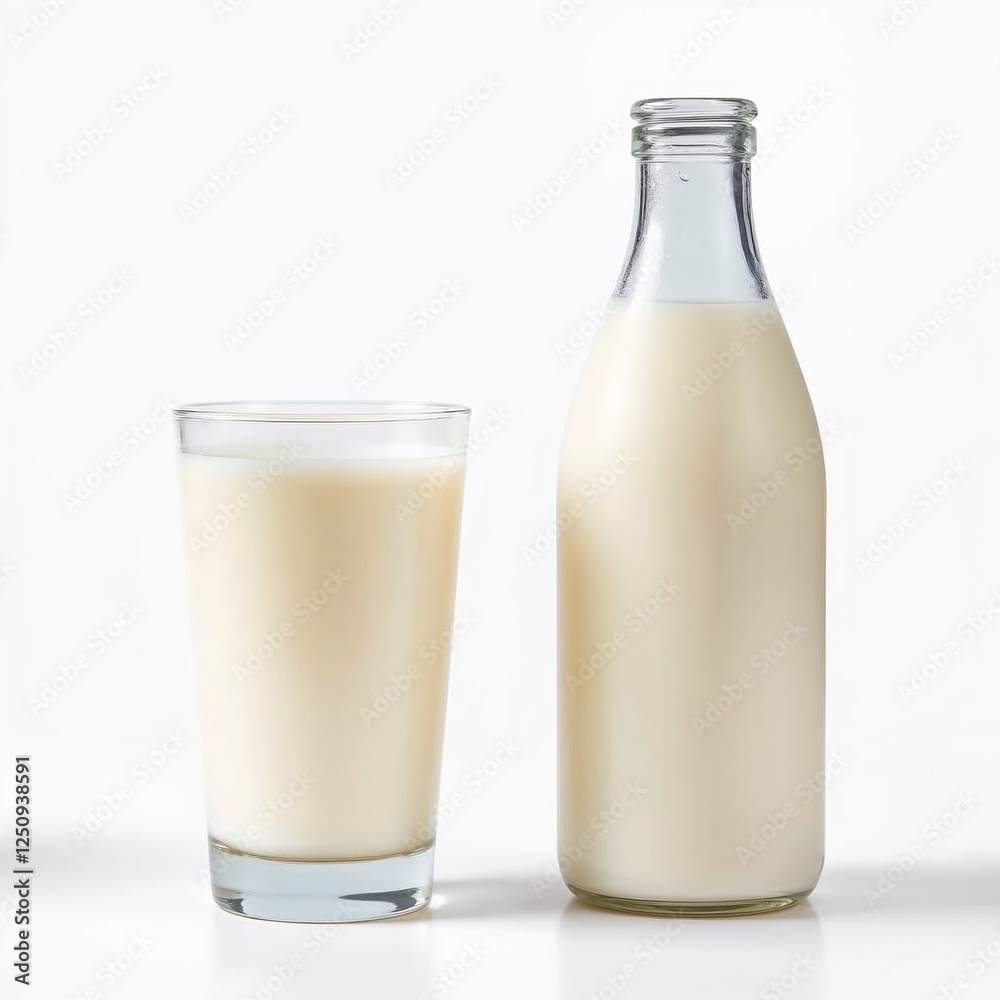 Milk bottle and glass filled with fresh milk on white background, healthy food concept Milk bottle and glass filled with fresh milk on white background, healthy food concept