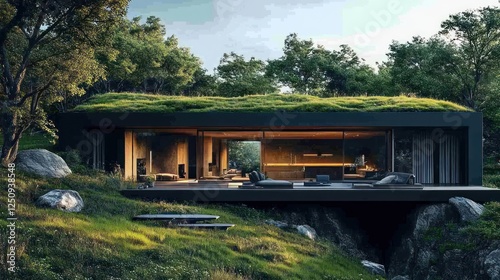 Modern green roof house, forest setting, sunset, relaxation