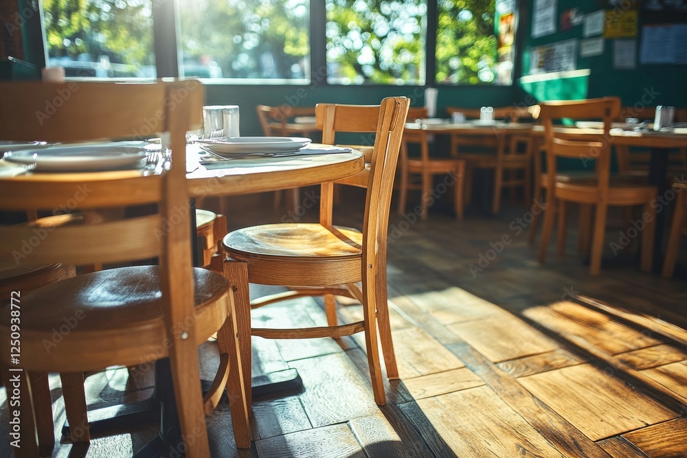 A casual restaurant interior, simple round table with a white tablecloth, a basic porcelain plate, a fork, and a knife. Generative AI