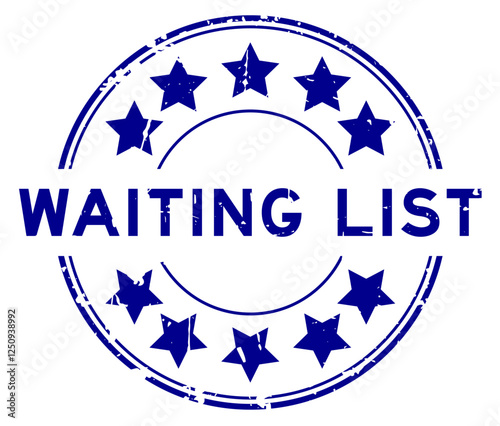 Grunge blue waiting list word with star icon round rubber seal stamp on white background