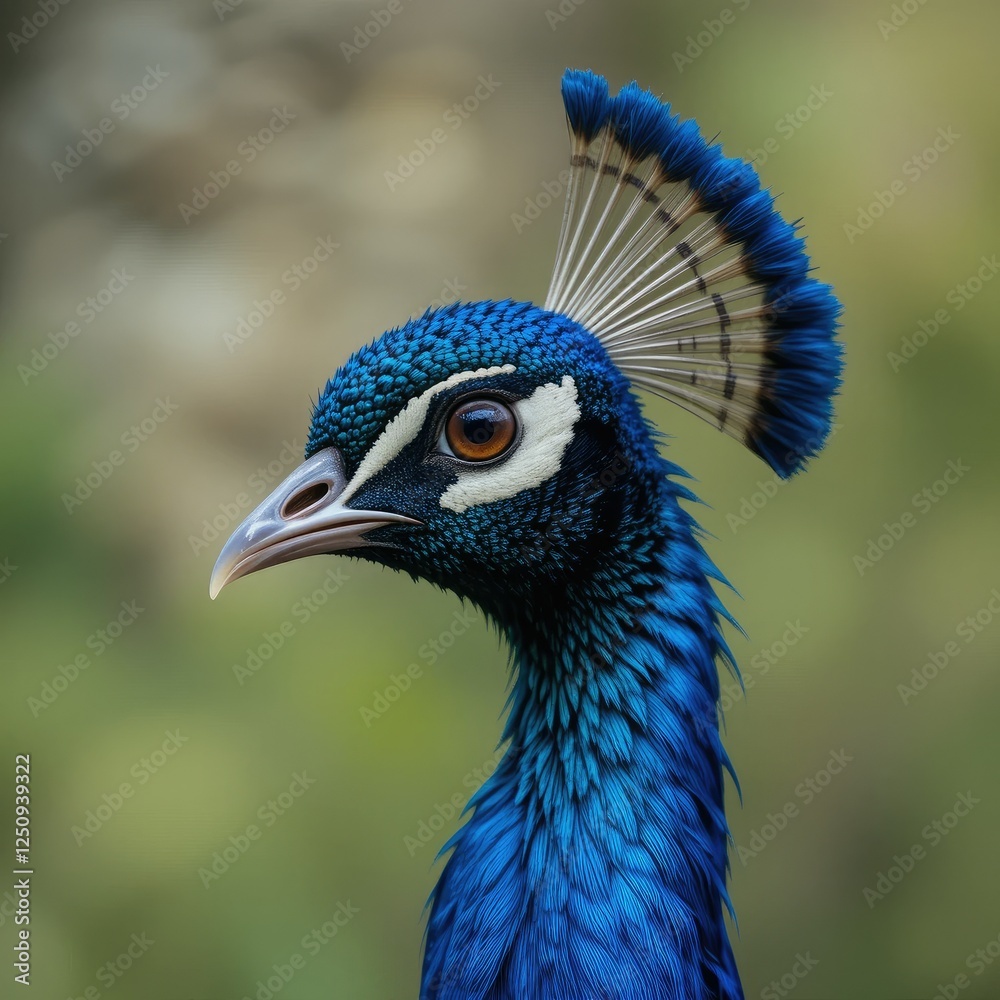 Majestic Indian Peafowl Close-up: Vibrant Blue Feathers, Profile View Majestic Indian Peafowl Close-up: Vibrant Blue Feathers, Profile View