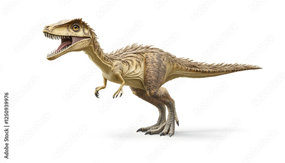 Obraz premium A Tan Dinosaur Roars Against White Background