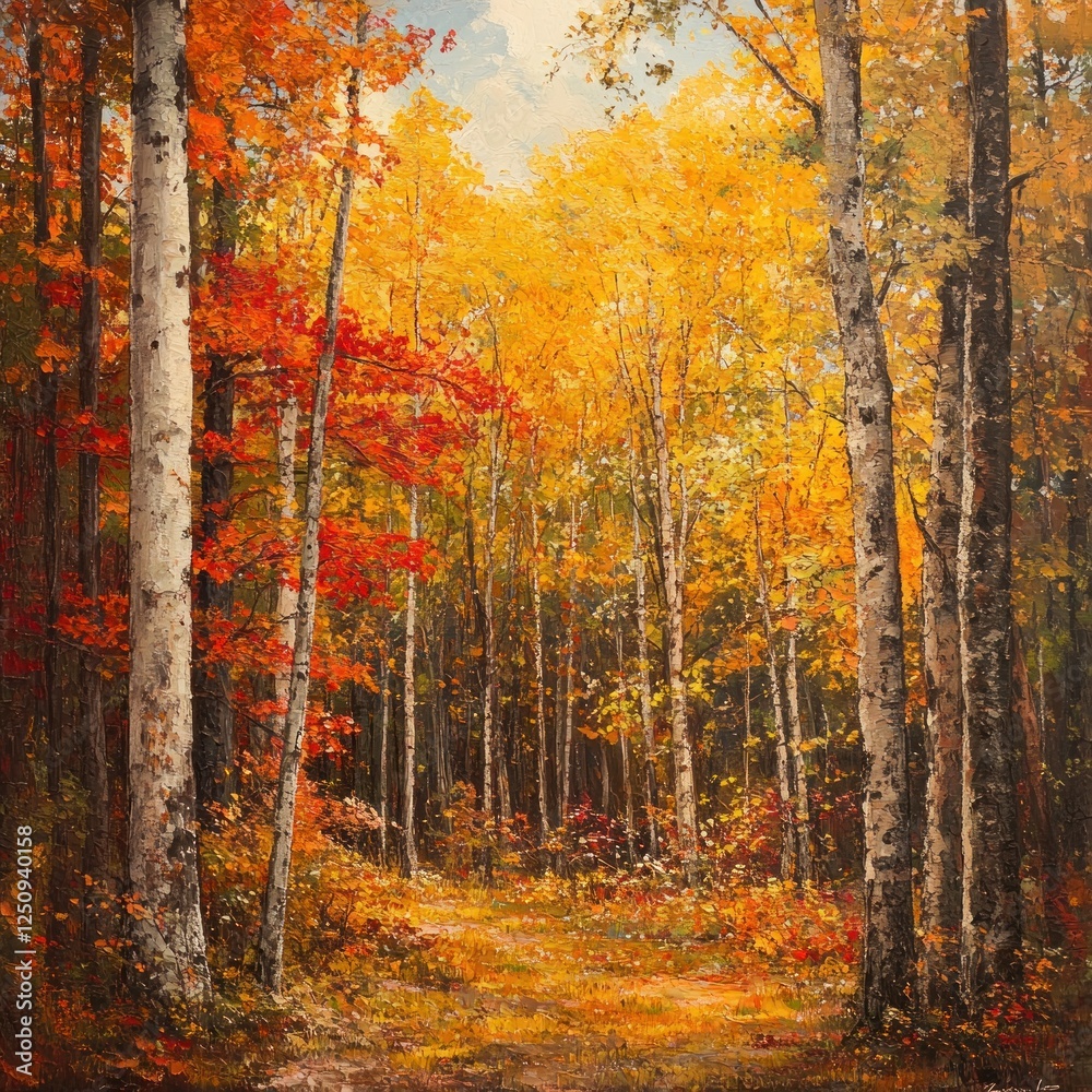 Obraz premium Autumnal forest path, vibrant foliage, sunlit woods, fall landscape, nature print