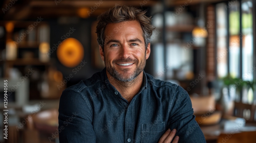 Smiling Man In Cafe, Relaxed Portrait, Happy, Confident Smiling Man In Cafe, Relaxed Portrait, Happy, Confident