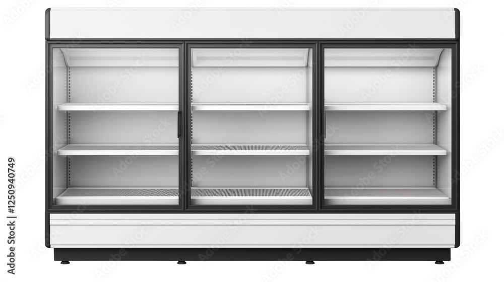 Modern Commercial Refrigeration Display Case for Grocery Stores with Empty Shelves Ready for Stocking Products Modern Commercial Refrigeration Display Case for Grocery Stores with Empty Shelves Ready for Stocking Products