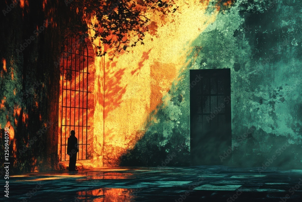 Obraz premium Man contemplates fiery gate, mystical forest, choice, fantasy art, game design