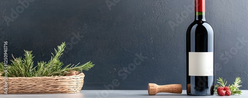 Red wine bottle with blank label and herbs. photo