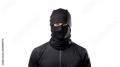 Mysterious figure in black balaclava showcasing stealth and intrigue for creative projects or action themes