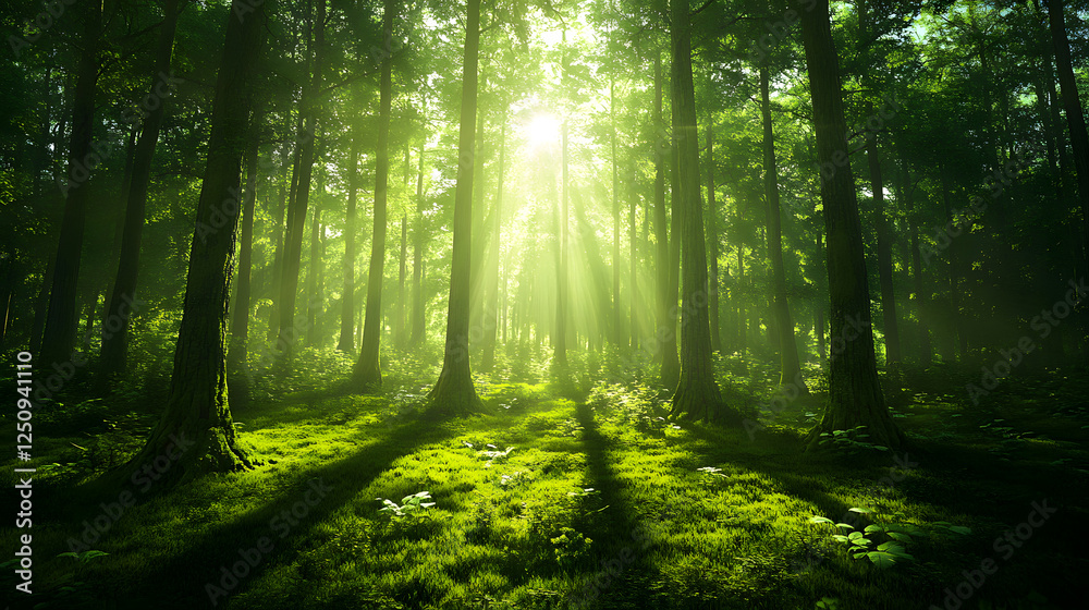 Fototapeta premium Sunbeams Illuminating a Lush Green Forest