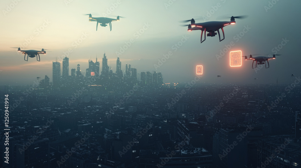 Fototapeta premium Drones_fly_above_a_misty_city_at_dawn,_some_carrying_glowing_displays.