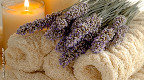 Spa Towels, Lavender, Candles - Relaxation Scene - Wellness photo