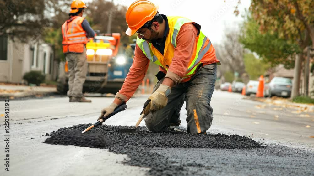 Workers wearing orange vests lay new asphalt on the roadway for a smooth road and cars Workers wearing orange vests lay new asphalt on the roadway for a smooth road and cars