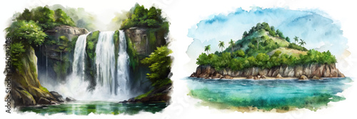 Serene waterfall scene, lush green landscape, tropical island view, watercolor style, nature illustration, peaceful environment.