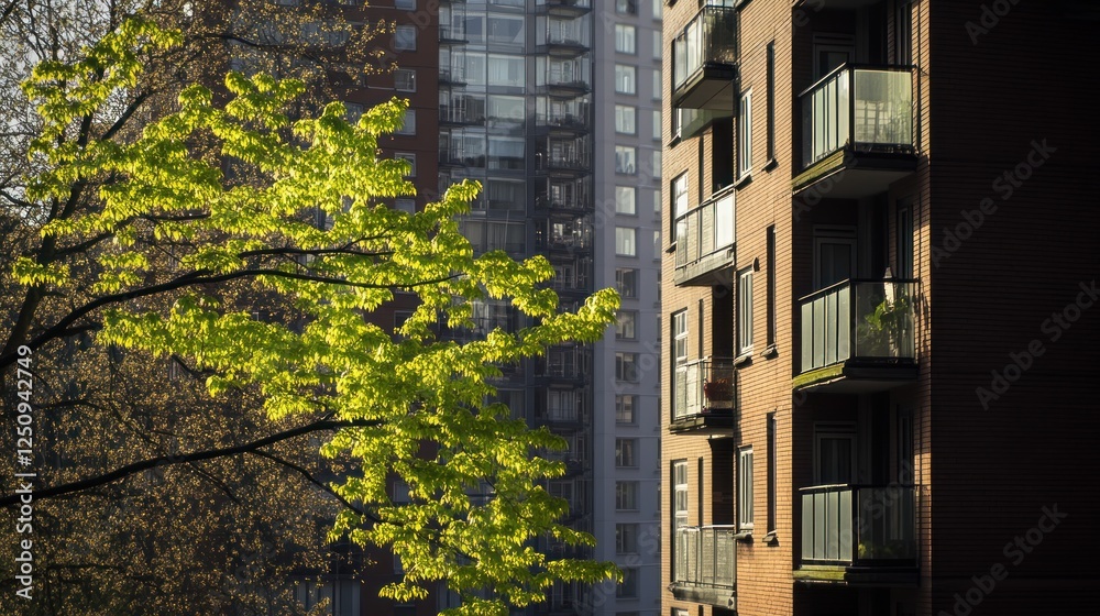Spring leaves frame city apartment building Spring leaves frame city apartment building