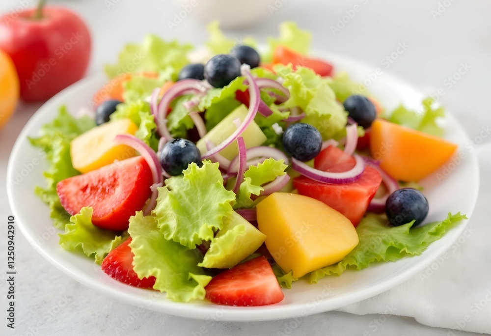Generative AI image of a vibrant fruit and vegetable salad with mixed ingredients Generative AI image of a vibrant fruit and vegetable salad with mixed ingredients