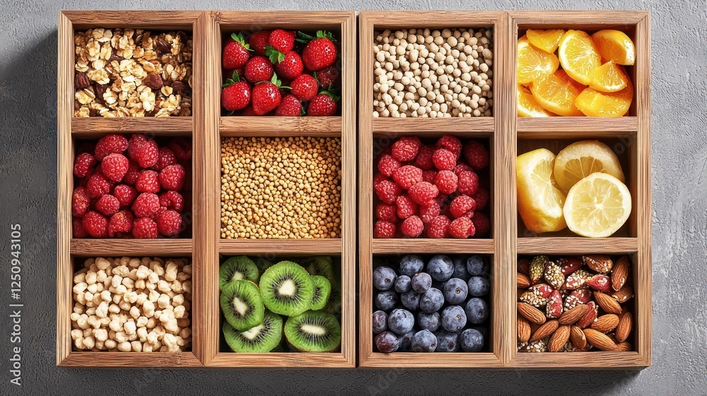 Assortment Of Fruits And Grains In Wooden Boxes Assortment Of Fruits And Grains In Wooden Boxes