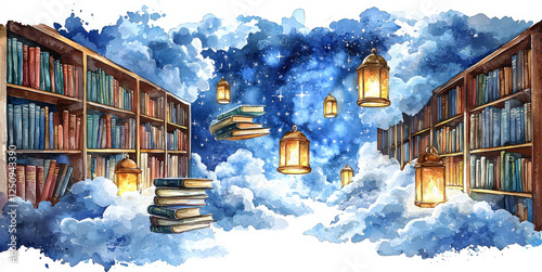 Wallpaper Mural Dreamy_library:_bookshelves_and_floating_books_glow_amongst_clouds_and_stars. Torontodigital.ca