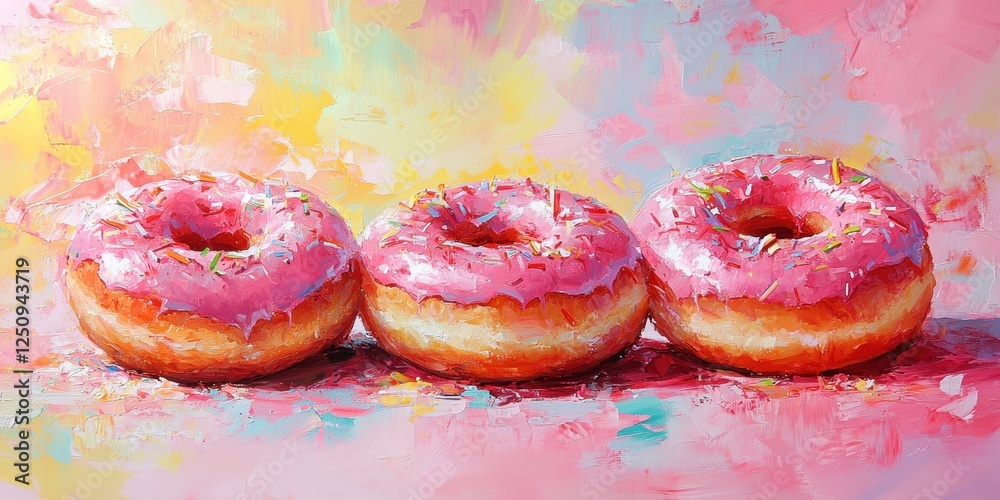 Obraz premium Colorful pink frosted donuts with sprinkles arranged in a row against a vibrant background