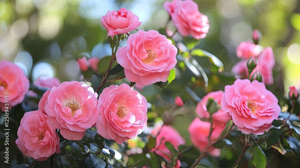Beautiful pink roses blooming in the garden on a sunny day creating a dreamy scene
