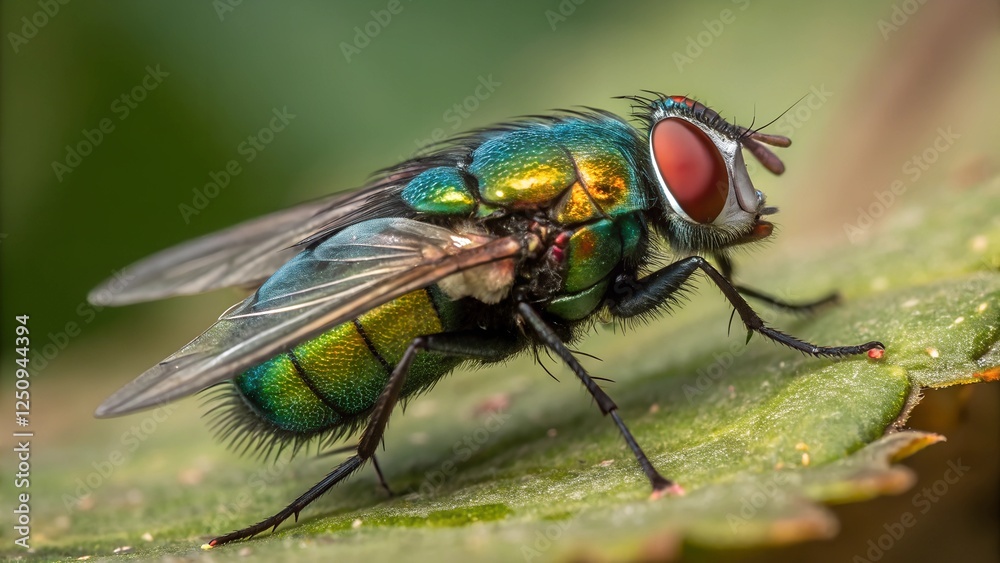 Vibrant Green Bottle Fly: Close-up view of a metallic green bottle fly with iridescent green and gold hues, perched on a lush green leaf. Vibrant Green Bottle Fly: Close-up view of a metallic green bottle fly with iridescent green and gold hues, perched on a lush green leaf.