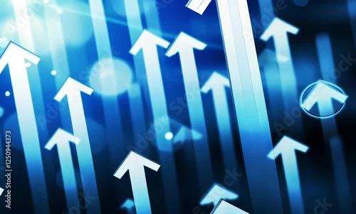 Dynamic Ascendancy: An Abstract 3D Representation of Upward Arrows Symbolizing Growth and Progress Against a Luminous Dark Blue Backdrop