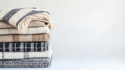 Stack of plaid flannel blankets with cozy winter textiles in various colors and patterns