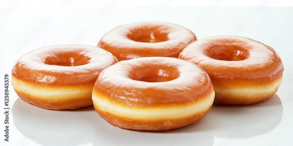 Freshly glazed donuts arranged on a white surface, showcasing their shiny, golden appearance and soft texture Freshly glazed donuts arranged on a white surface, showcasing their shiny, golden appearance and soft texture