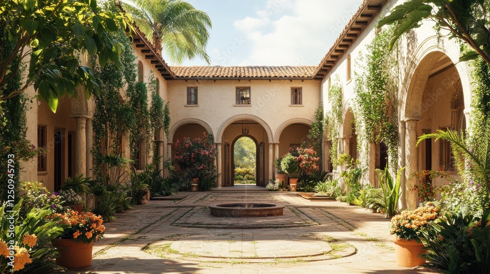 Fototapeta premium Sunny Mediterranean courtyard garden villa, fountain, plants