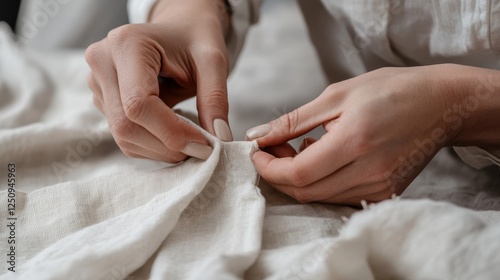 Close up of hands sewing on white fabric mending a garment with needle and thread